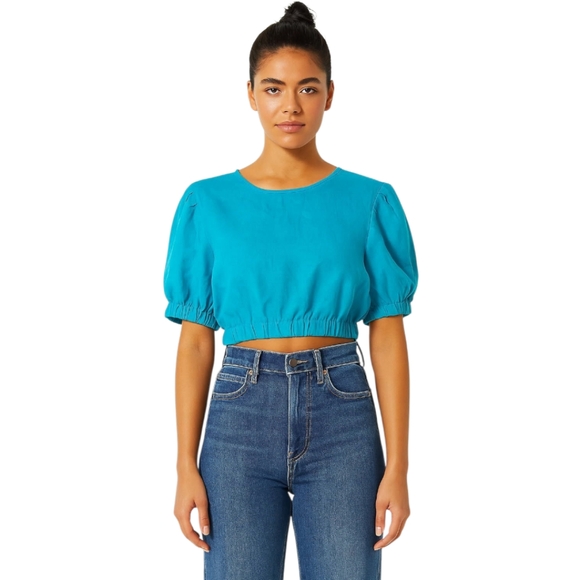 Broadway Tops - BROADWAY Linen Cropped Top Puffy Short Sleeve Turquoise Solid Color EU 38 Medium